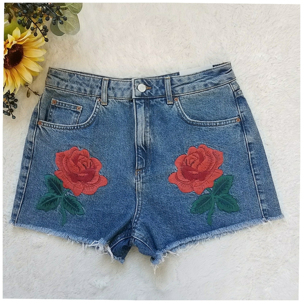 Topshop Mom Embroidered Jean Shorts